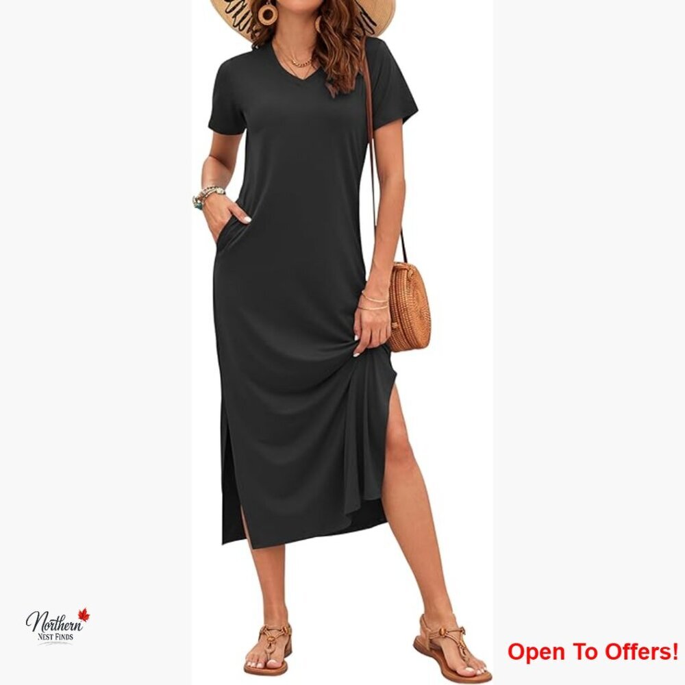 Polyester Spandex Maxi Dress V-Neck Short Sleeve Casual Summer Beach
